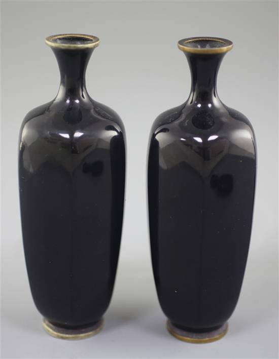 A pair of Japanese silver wire cloisonne enamel hexagonal vases, Meiji period, height 15.5cm